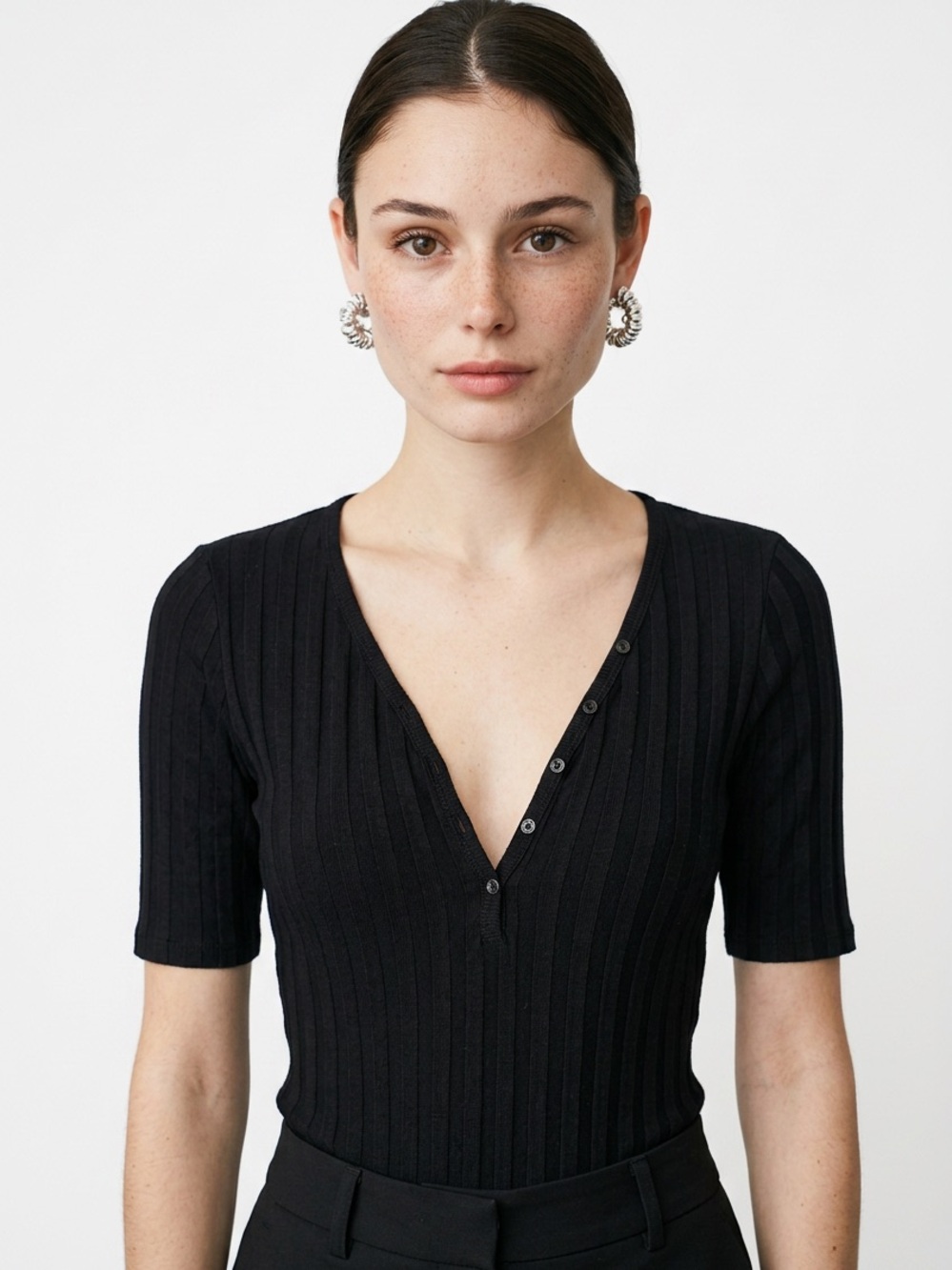 HOUSE OF HARLOW 1960 | NEW Ribbed Short-Sleeve Black Bodysuit Women’s Size Small